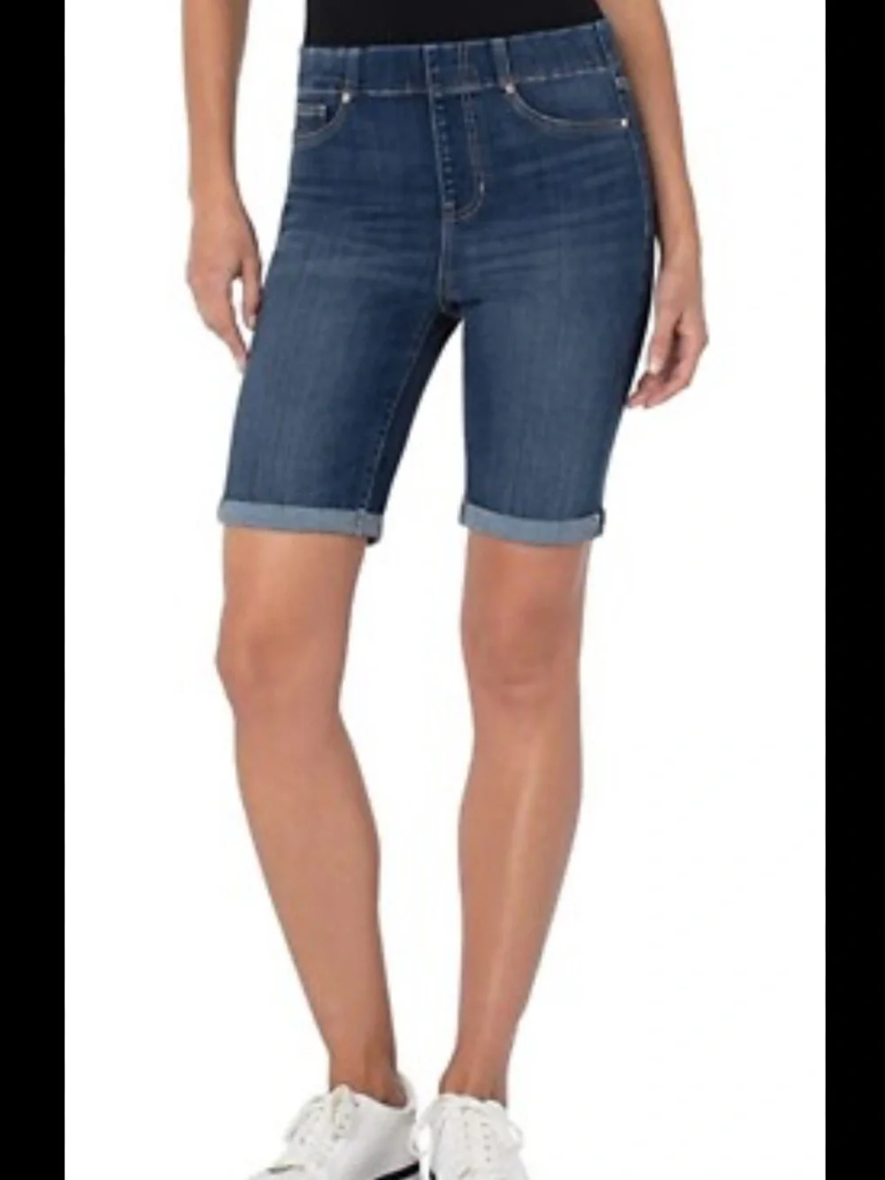 Liverpool Dark Blue Denim Bermuda Shorts with Rolled Hem Pull-on Stretchy - Picture 1 of 7